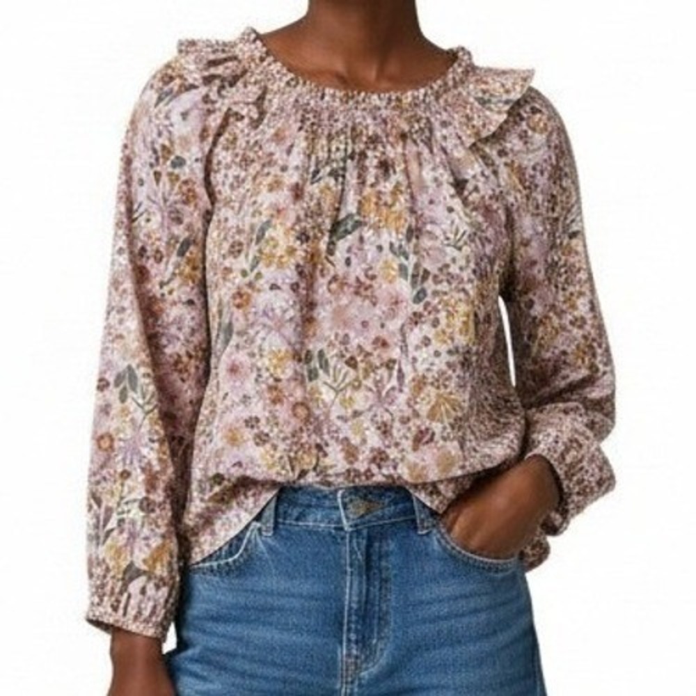 Sonoma Womens XS Floral‎ Smocked Blouse Ruffle Collar Long Sleeve